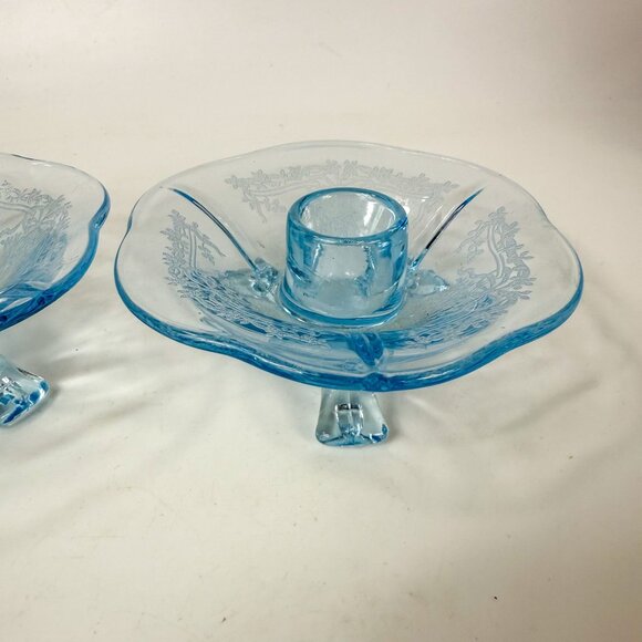 Fostoria Glass Versailles Azure Blue 3-Toed Candle Holders Set Of 2 - Picture 5 of 6